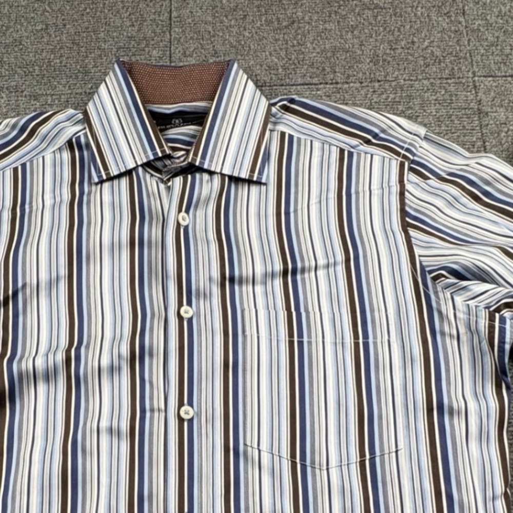 Bugatchi Uomo Mens Medium Blue Brown Striped Long Sleeve Button Down Shirt